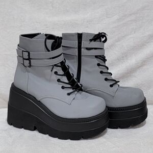 DEMONIA SHAKER-52 4 1/2" Wedge Platform Gothic Grey Reflective Women Ankle Boots